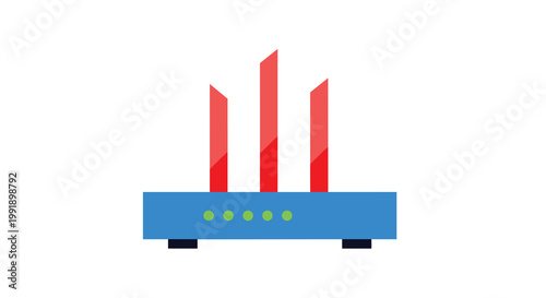 A sleek blue network router featuring three prominent, vibrant red antennas and five glowing green status lights is centered on a clean white background.