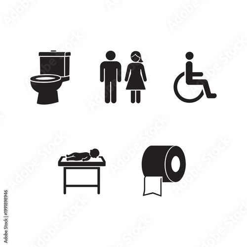 Comprehensive Set of Black and White Bathroom and Public Restroom Service Icons.