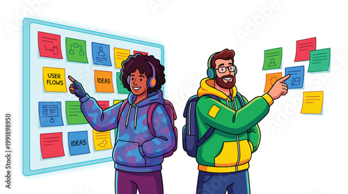Two diverse creative designers wearing casual hoodies and backpacks point towards colorful sticky notes arranged on a large glass whiteboard workspace wall.