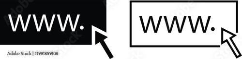 WWW internet web address icons set with cursor pointer clicking on url symbol in black flat, line style. Digital technology and online browsing vectors illustration isolated on transparent background.