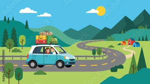 Family enjoying a road trip in a car packed with luggage.