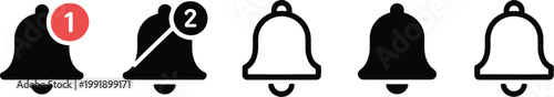 Notification bell icon for incoming inbox message, vector ringing bell symbol with alert number sign for smartphone application alarm notification system.