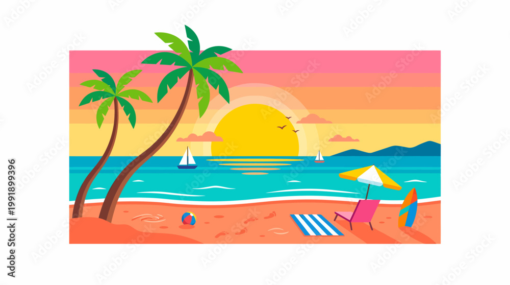 Obraz premium Tropical Beach Sunset Illustration with Palm Trees and Ocean View.