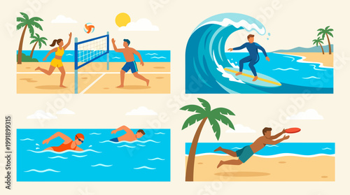 Summer Beach Activities - Volleyball, Surfing, Swimming, and Frisbee.