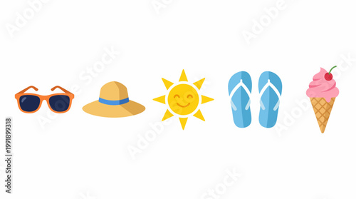 Summer Essentials Collection - Sunglasses, Hat, Sun, Flip-flops, and Ice Cream Cone.