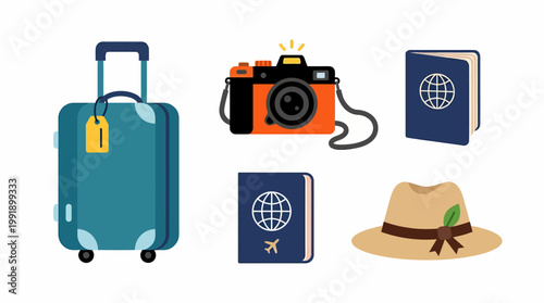 Travel essentials collection featuring suitcase, camera, passports, and hat for vacation planning.