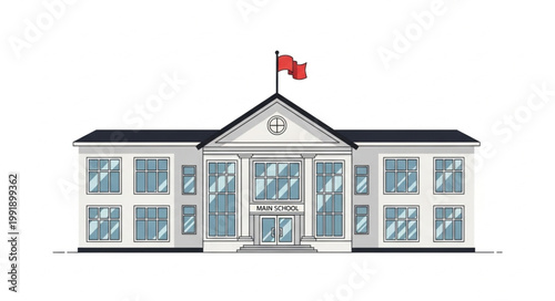 Modern White Government Building with Flag on Roof.