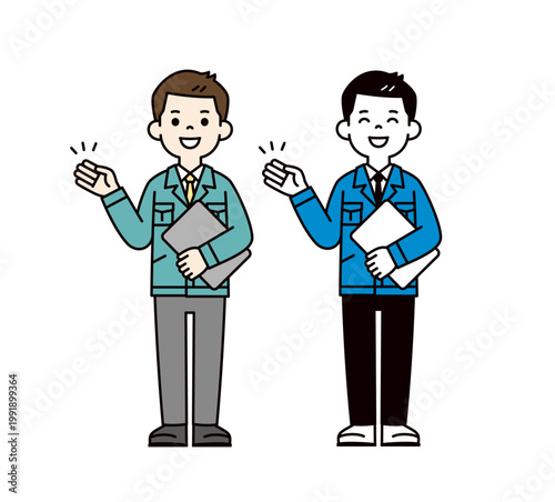 ノートパソコンを持って紹介・説明する、作業服を着た男性社員の全身ベクターイラスト素材セット