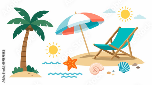Tropical Beach Scene with Palm Tree, Umbrella, and Deck Chair.