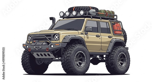 Modified off road vehicle with large tires and roof rack.