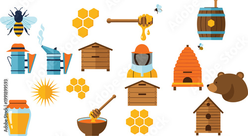 Beekeeping and Honey Production Icon Set with Beehives, Beekeeper, Honeycomb, Tools and Natural Apiary Elements for Farming and Vector Illustration.