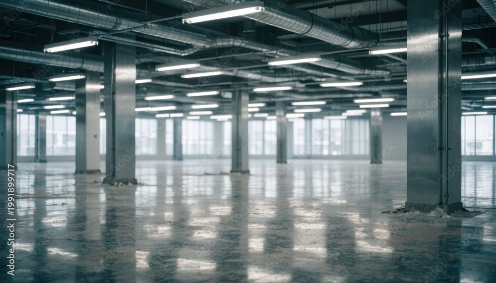 Fototapeta premium Medium shot of a vacant shell office floor featuring exposed ceiling grid and structural columns with blurred window lines in the background for a minimalist industrial look.