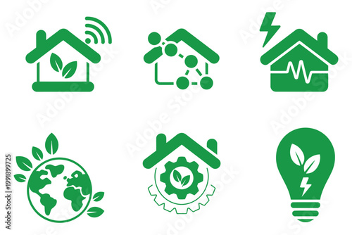 Eco home energy icons set featuring sustainable house symbols, smart connectivity elements, renewable power analytics graphics, global recycling icons, efficiency gear indicators