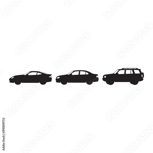 Minimalist black vehicle icon set compact car truck SUV van silhouettes collection.