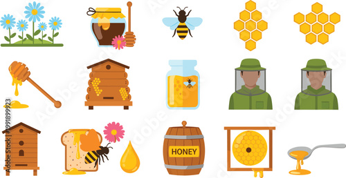 Beekeeping Honey Production Collection with Hive Honeycomb Jar Dipper Bee Flowers and Beekeeper Icons for Organic Farming and Natural Food Illustration Design.