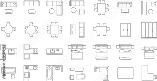 Set of Architectural Floor Plan Furniture Icons Including Sofas Tables Beds Kitchen Units and Bathroom Fixtures for Interior Design