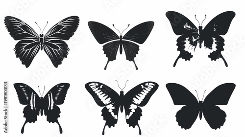Black and white butterfly silhouettes set isolated on white background