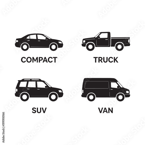 Minimalist black vehicle icon set compact car truck SUV van silhouettes collection.