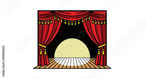 Red theater curtains open revealing a bright stage spotlight.