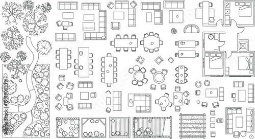 Architectural Floor Plan Furniture Symbols Set Including Top View Trees And Landscape Elements For Interior Design And Site Planning Projects