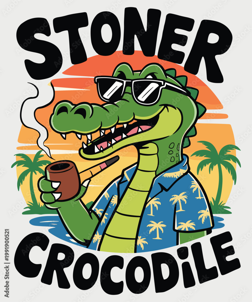 Fototapeta premium Cartoon crocodile character with sunglasses and hat