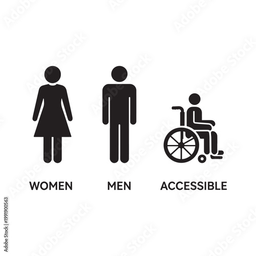 Restroom signage icons set women men accessible wheelchair symbols minimalist design.
