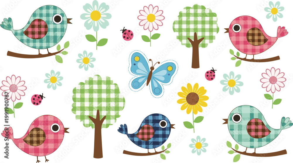 Obraz premium Cute Spring Nature Element Set with Flowers Trees Butterfly Bird and Ladybug Cartoon Vector Illustration for Kids Nursery Fabric and Pattern Designs