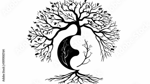 Yin yang tree illustration depicting balance and harmony on a white background