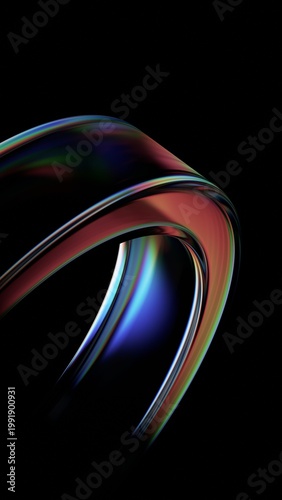 Abstract minimalist iridescent reflections on a glass curved shape, vertical 3d render