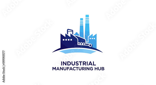 Industrial Manufacturing Hub Logo Depicting Factories and Smokestacks.