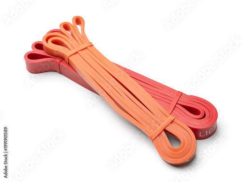 Fitness rubber band. Home exercise machine. Concept of sport and healthy active lifestyle. Set of colorful fitness rubber bands.