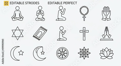 Collection of Religious Symbols and Icons Line Art.