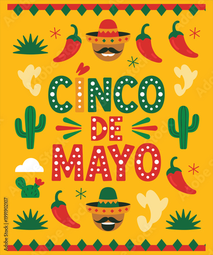 Colorful cinco de mayo fiesta celebration with sombreros, cacti, and maracas