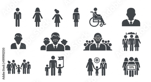 Collection of diverse human pictogram icons representing people and groups.