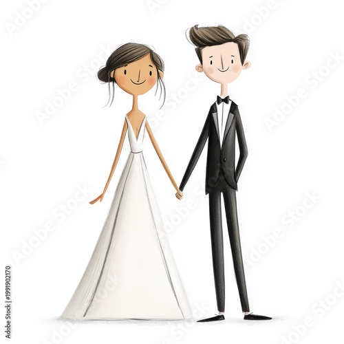 Bride and Groom Smiling Illustration Isolated on White Background