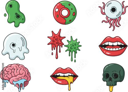Colorful Cartoon Horror Elements Set Featuring Creepy Eyes, Melting Skulls, Dripping Brains, Lips, and Abstract Monster Shapes for Halloween Designs.
