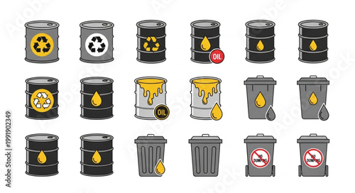 Collection of industrial waste barrels and bins with hazard symbols.