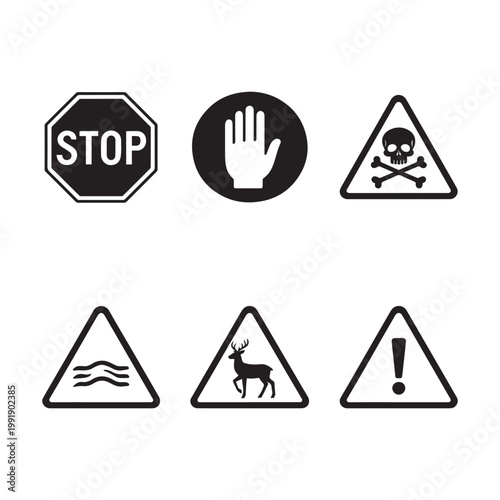  Silhouette Octagonal Stop Sign and White Hand Symbol Safety Icon Set.