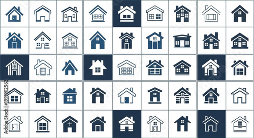 Collection of diverse house icons in various styles and colors.