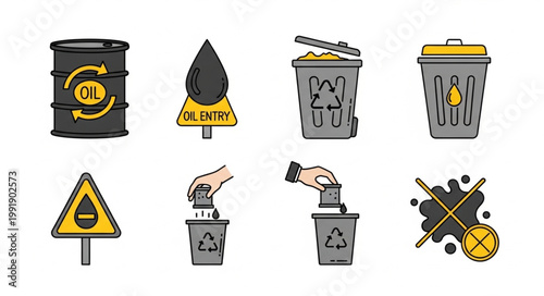 Oil industry and waste disposal icons set.