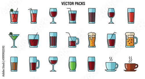 Flat Line Beverage and Drink Glass Icon Set