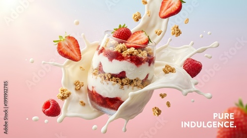 Strawberries burst with flavor in creamy yogurt. Granola crunch adds texture to each layer. Milk splashes create a joyful, energetic motion. Glass jar holds a refreshing, sweet dessert