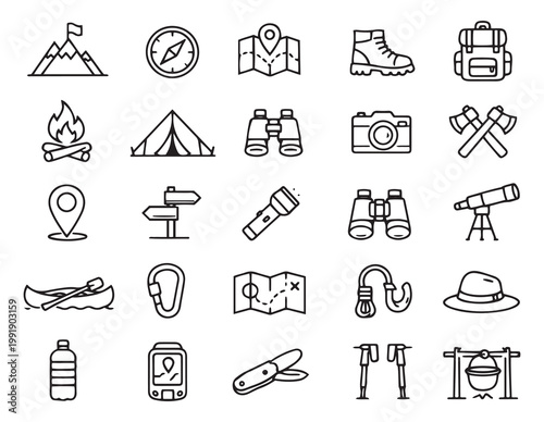 adventure hiking camping outdoor activity and nature exploration outline icons