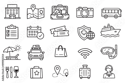 travel booking tourism services transport accommodation and holiday planning icons