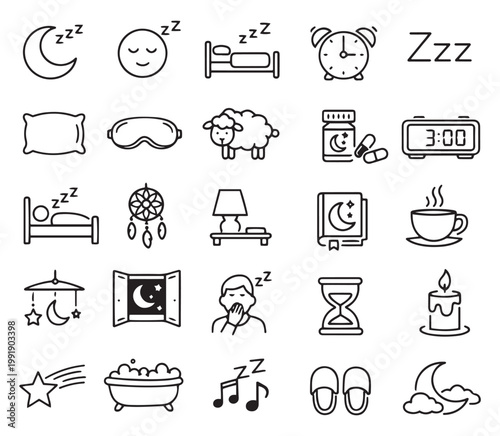 bedtime routine sleep hygiene insomnia relief and night relaxation icons