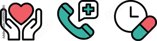 Set of flat medical icons including hands holding a heart, emergency call and dosage reminders symbols, healthcare isolated vector images for modern hospital care, patient support 