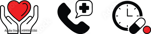 Set of flat medical icons including hands holding a heart, emergency call and dosage reminders symbols, healthcare isolated vector images for modern hospital care, patient support 