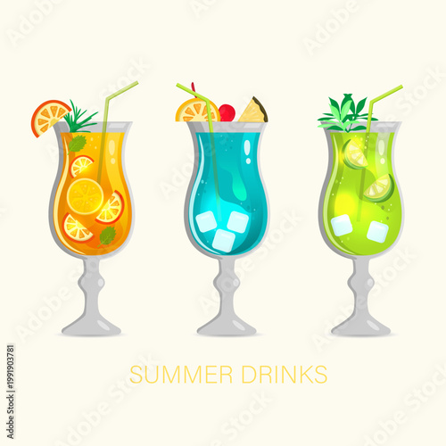 Set of three summer cocktails: blue lagoon, orange aperitif, and mojito isolated on white background