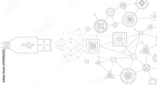 Technology, data transfer, network icons, usb connector, digital communication