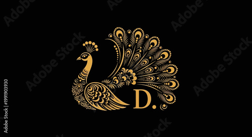 Elegant gold peacock logo design on black background suitable for branding